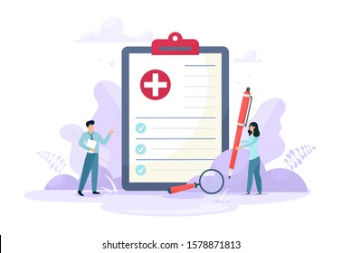 Medical form, medical report. Characters.Clipboard with a cross, pen and check marks. Informed consent, prescription, application form, health insurance, medical history concepts. Vector cartoon flat