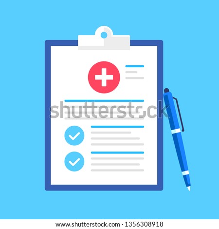 Medical form, medical report. Clipboard with cross, pen and checkmarks. Informed consent, prescription, claim form, health insurance, clinical record concepts. Modern flat design. Vector illustration