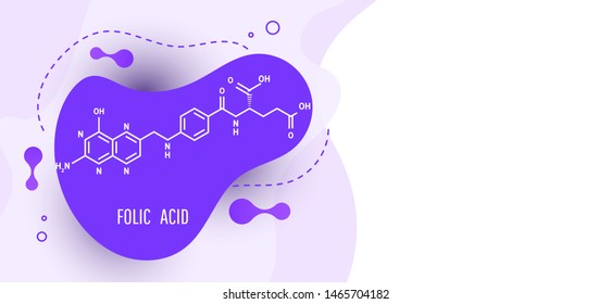 Medical formulas concept. Color abstract liquid form liquid gradient colorful dynamic design element with folic acid structural formula