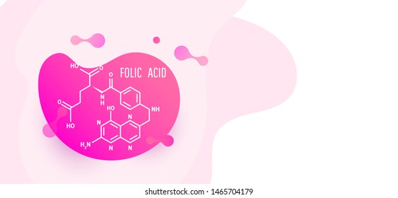 Medical formulas concept. Plastic liquid gradient waves forms a fluid gradient colorful dynamic design element with folic acid structural formula
