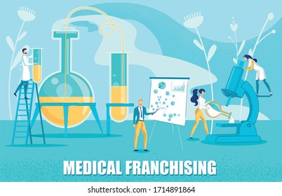 Medical Franchising with People Characters Setting up Experiments and Conducting Biological Research. Pharmaceuticals Network Branding and License Commercial Use. Flat Vector Illustration