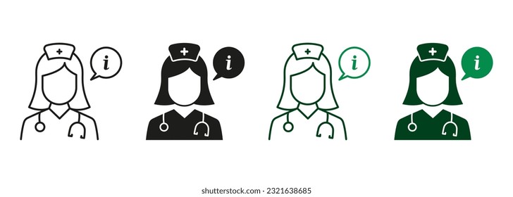 Medical Frequently Asked Questions. Medicine Information from Nurse, Doctor Line and Silhouette Icon Set. Pharmacist, Doctor Consultation Symbol Collection. Isolated Vector Illustration.