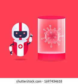 Medical Friendly Android Robot With Corona Virus Bacteria In Quarantine & Test Tube.