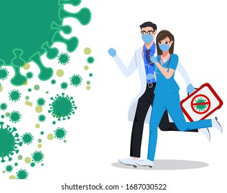 Medical front liners character vector concept design. Medical doctor and nurse character fighting corona virus outbreak holding and carrying covid-19 vaccine. Vector illustration.