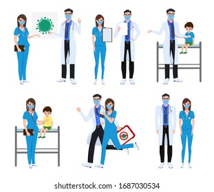 Medical front liners set character vector concept design. Covid-19 doctor and nurse characters with corona virus patients presenting test result and fighting corona virus isolated in white background.