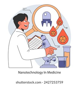 Medical Frontiers concept. Nanotechnology in medicine enabling targeted drug delivery and innovative diagnostics. Flat vector illustration.