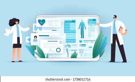 Resultados de exámenes médicos de cuerpo completo en tablet, dispositivo de salud con médicos profesionales explicándolo. Prueba médica profesional para pacientes que utilizan aplicaciones médicas en un concepto de tableta digital, vector