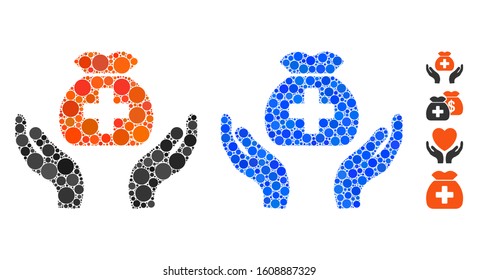 Medical fund care hands mosaic of circle elements in different sizes and shades, based on medical fund care hands icon. Vector circle elements are grouped into blue mosaic.