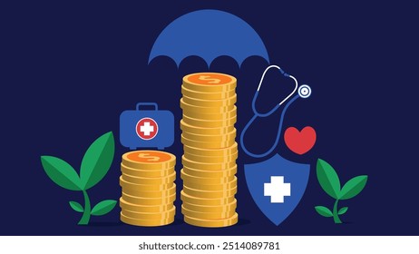 Medical funds , expense and insurance concept vector banner design illustration with dollar coin stack, shield, umbrella, stethoscope and first aid kid icons all on a horizontal  blue background.