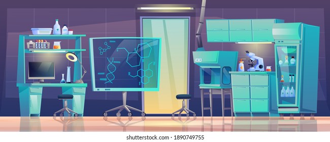 Medical furniture laboratory equipment beakers room interior design. Vector diagnostic computers and test tubes, pharmacy tables and chairs, desk with dna graphics, pharmacology microscope on desk