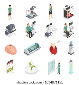 Medical future technologies isometric icons set with 3d organs printing regeneration genetic engineering prosthesis isolated vector illustration 