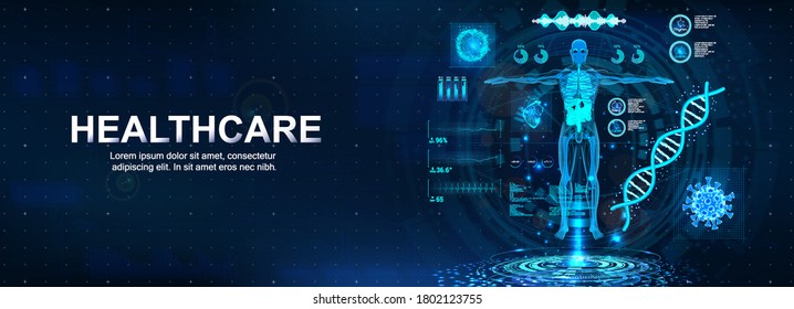 Medical futuristic research banner with Sci HUD. 3D body mri with modern interface, bpm, DNA formula, bacteria, heart scan and other.
Healthcare scanning, science examination. Vector banner