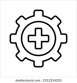 Vektorsymbol von Medizinischem Zahnrad. Zahnrad- und Kreuzgesundheitssymbol. Vektorgrafik auf weißem Hintergrund