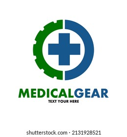 Plantilla de logotipo del vector del engranaje médico. Este diseño utiliza tecnología y símbolos de salud cruzada.