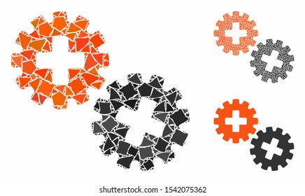 Medical gears composition of tuberous elements in different sizes and color hues, based on medical gears icon. Vector tremulant elements are composed into collage.