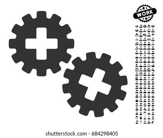 Medical Gears icon with black bonus people graphic icons. Medical Gears vector illustration style is a flat gray iconic element for web design, app user interfaces.