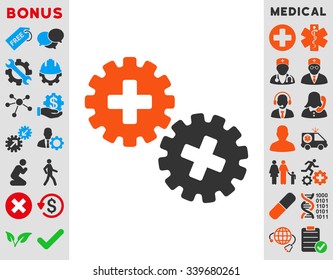 Medical Gears vector icon with bonus. Style is bicolor flat symbol, orange and gray colors, rounded angles, white background.