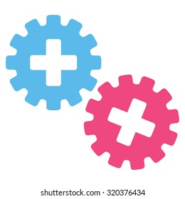 Medical Gears vector icon. Style is bicolor flat symbol, pink and blue colors, rounded angles, white background.