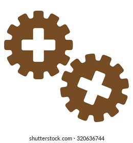 Medical Gears vector icon. Style is flat symbol, brown color, rounded angles, white background.