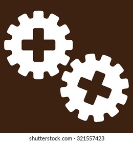 Medical Gears vector icon. Style is flat symbol, white color, rounded angles, brown background.