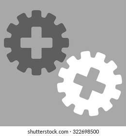 Medical Gears vector icon. Style is bicolor flat symbol, dark gray and white colors, rounded angles, silver background.