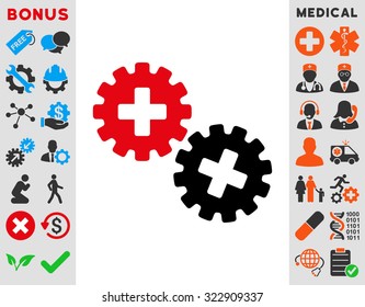 Medical Gears vector icon. Style is bicolor flat symbol, intensive red and black colors, rounded angles, white background.