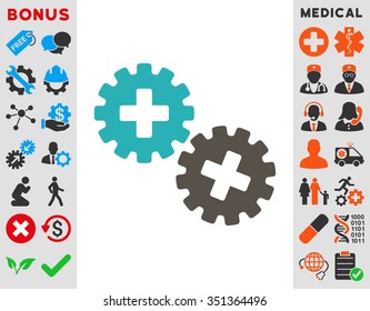 Medical Gears vector icon. Style is bicolor flat symbol, grey and cyan colors, rounded angles, white background.