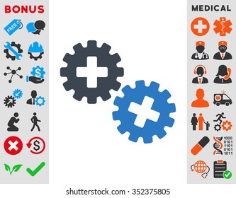 Medical Gears vector icon. Style is bicolor flat symbol, smooth blue colors, rounded angles, white background.