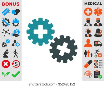 Medical Gears vector icon. Style is bicolor flat symbol, soft blue colors, rounded angles, white background.