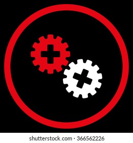 Medical Gears vector icon. Style is bicolor flat circled symbol, red and white colors, rounded angles, black background.