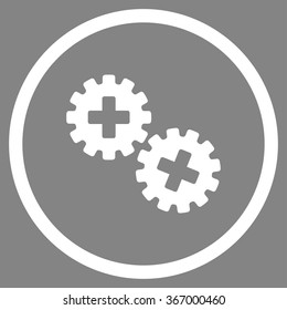 Medical Gears vector icon. Style is flat circled symbol, white color, rounded angles, gray background.