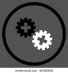 Medical Gears vector icon. Style is bicolor flat circled symbol, black and white colors, rounded angles, gray background.