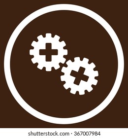 Medical Gears vector icon. Style is flat circled symbol, white color, rounded angles, brown background.