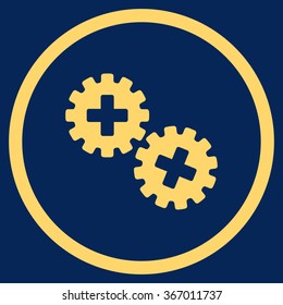 Medical Gears vector icon. Style is flat circled symbol, yellow color, rounded angles, blue background.