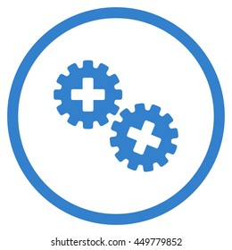 Medical Gears vector icon. Style is flat circled symbol, cobalt color, rounded angles, white background.