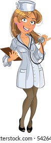 Medical girl in white uniform with phonendoscope