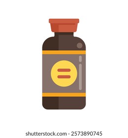 Medical glass bottle with cork containing syrup with label and two horizontal lines logo is standing on white background