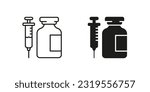 Medical Glass Bottle and Syringe Line and Silhouette Black Icon Set. Insulin Dose in Vial Pictogram. Injection, Inject Treatment, Flu Vaccination Symbol Collection. Isolated Vector Illustration.