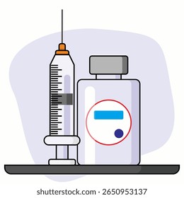 Frasco de vidro médico e linha de seringa. Dose de insulina no pictograma do frasco para injetáveis Injeção, Tratamento Da Injeção, Coleção De Símbolos De Vacinação Contra A Gripe. Ilustração de vetor isolada.