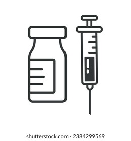 Medical glass bottle and syringe. Pictogram of insulin dose in a vial. Collection of Injection, flu vaccination symbols. Isolated vector illustration.