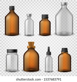 Medical Glass Bottles. 3d Realistic Brown Blank Packaging, Pharmacy Syrup Bottle, Aromatherapy Oil Cosmetic Container Vector Medicine Pharmaceutical Jar Mockup