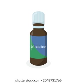 Medical Glass Brown Bottle With Label On White Background Isolated. Ready For Your Design. Product Packing.