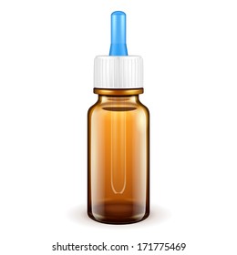 Medical Glass Brown Bottle With Medicine Dropper, Pipet, Pipette, Eyedropper, Eyedrops, On White Background Isolated. Ready For Your Design. Product Packing. Vector EPS10
