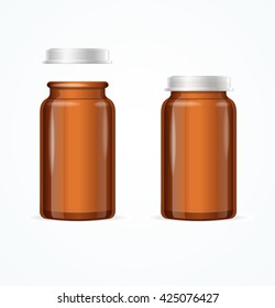 Medical Glass Brown Bottle. Open and Closed. Vector illustration