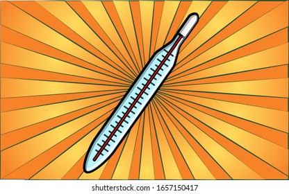 Medical glass old retro thermometer for measuring temperature and care for the dawns on a background of abstract yellow rays. Vector illustration.