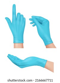 Medical gloves. Blue rubber gloves for doctor hands hospital latex surgeon tools for infection and viruses protection decent vector realistic templates