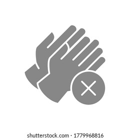 Medical gloves with cross checkmark gray icon. No hand protection, hand disinfection symbol