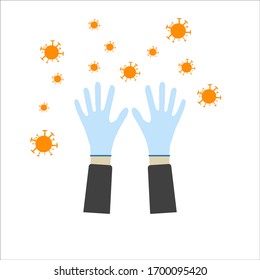 Medizinische Handschuhe als Schutzelement gegen Coronavirus. Handgezeichnete Skizze. Coronavirus-Bakterien. Vektorillustration, Hintergrund. Bild einzeln.