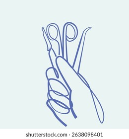 Medical Gloves holding stainless steel medical instruments one line drawing. Medical Gloves holding stainless steel instruments single line illustration. Medical Gloves holding stainless steel