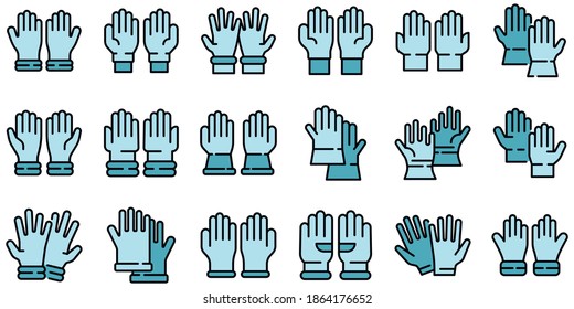 Medical gloves icons set. Outline set of medical gloves vector icons thin line color flat on white